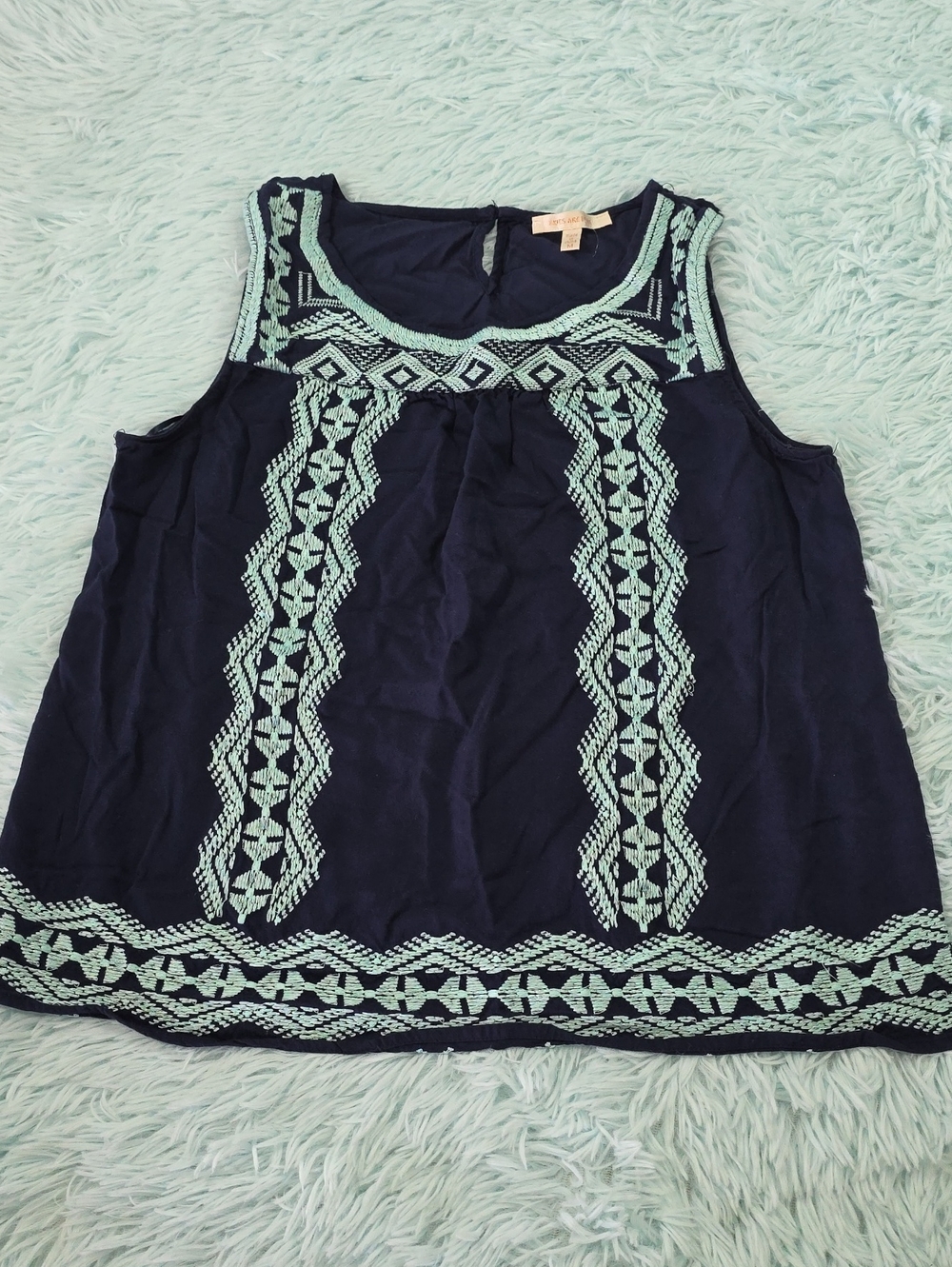Skies Are Blue‎ Navy & Teal Embroidered Sleeveless Tank Top Boho Medium